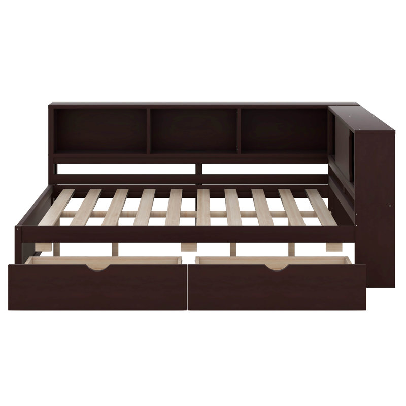 Grand lit de jour en bois avec tablettes de rangement, USB, DEL et 2 tiroirs, Brun