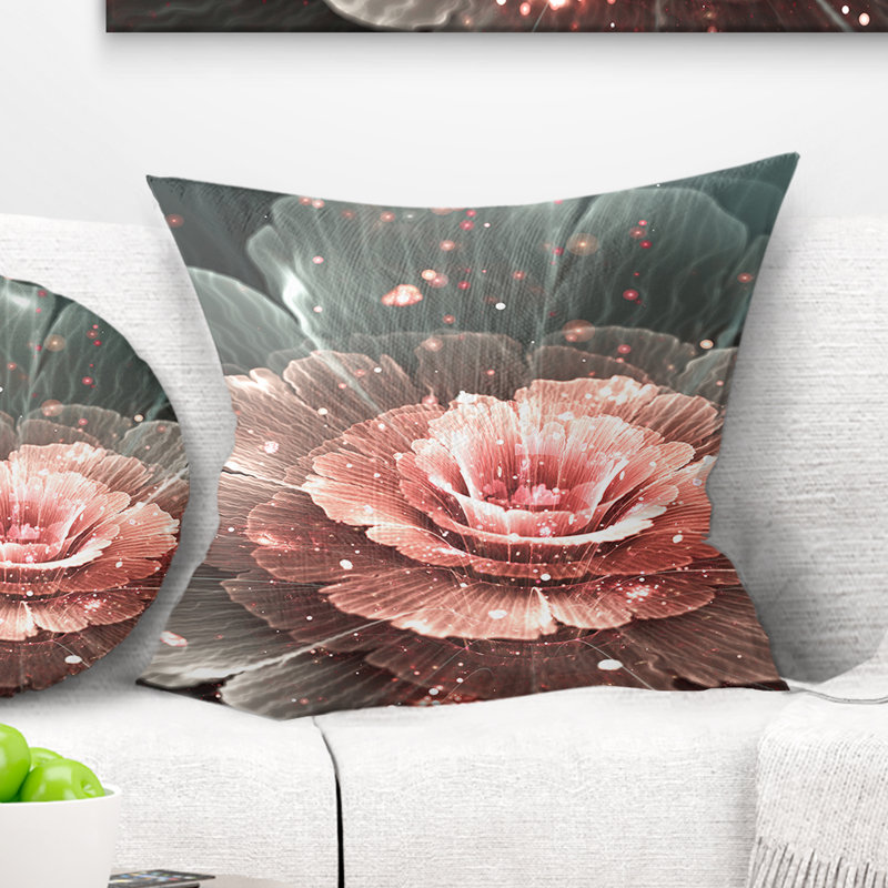 Fleur abstraite rose gris fractal - coussin à imprimé floral, 16 po x 1 po, Coussin décoratif