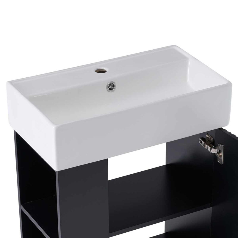 Meuble-lavabo flottant de 21,6 po avec lavabo en céramique pour petites salles de bain, rangement latéral, Noir