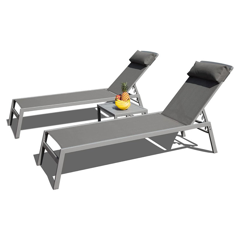 3-Piece Outdoor Chaise Lounge Set with Adjustable Backrest, Aluminum Textilene Pool Chairs and Side Table (Grey), Gray, Gray