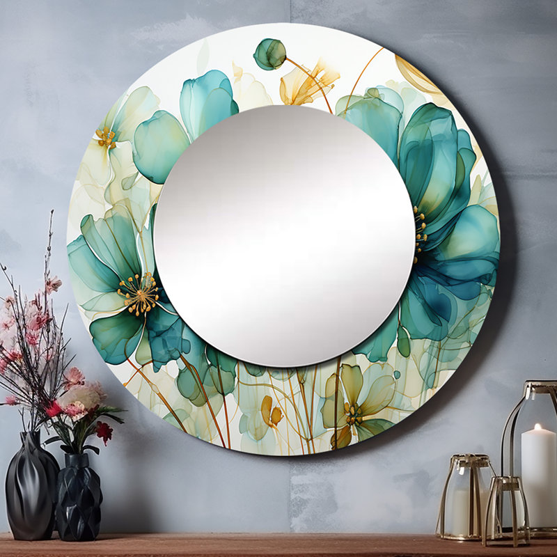 Harrietta bleu sarcelle vert organique croissance - miroir mural décoratif botanique, 29 po x 29 po