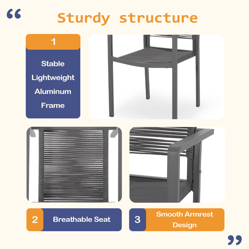 Chaise de salle à manger d'extérieur moderne en aluminium avec siège en corde (ensemble de 2), Gris foncé