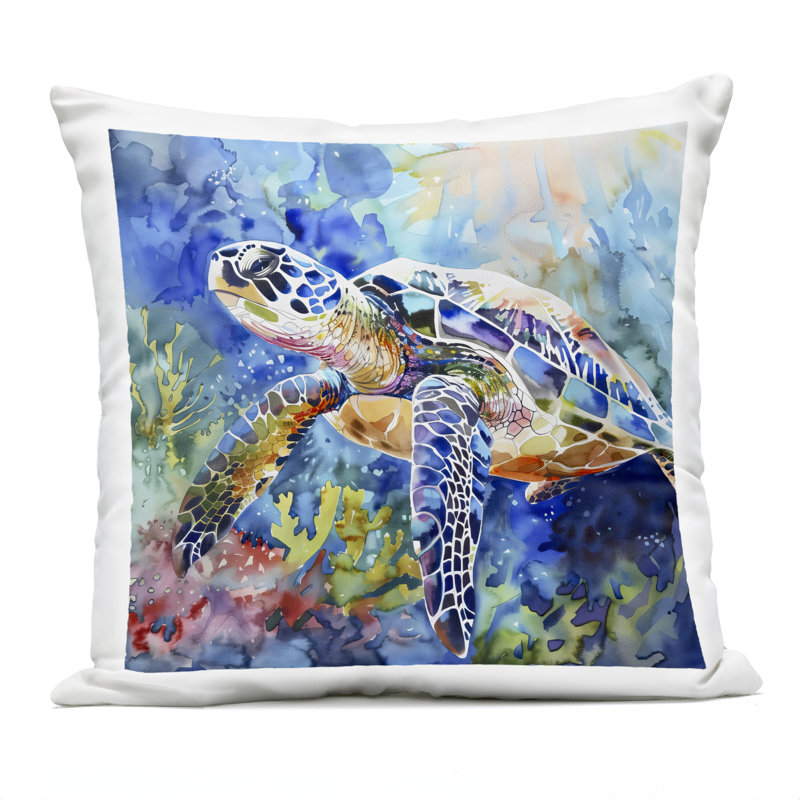 Rainbow Turtle Reef Outdoor Printed Pillow design by LSR Creative Studio, Blue/Purple Turtle