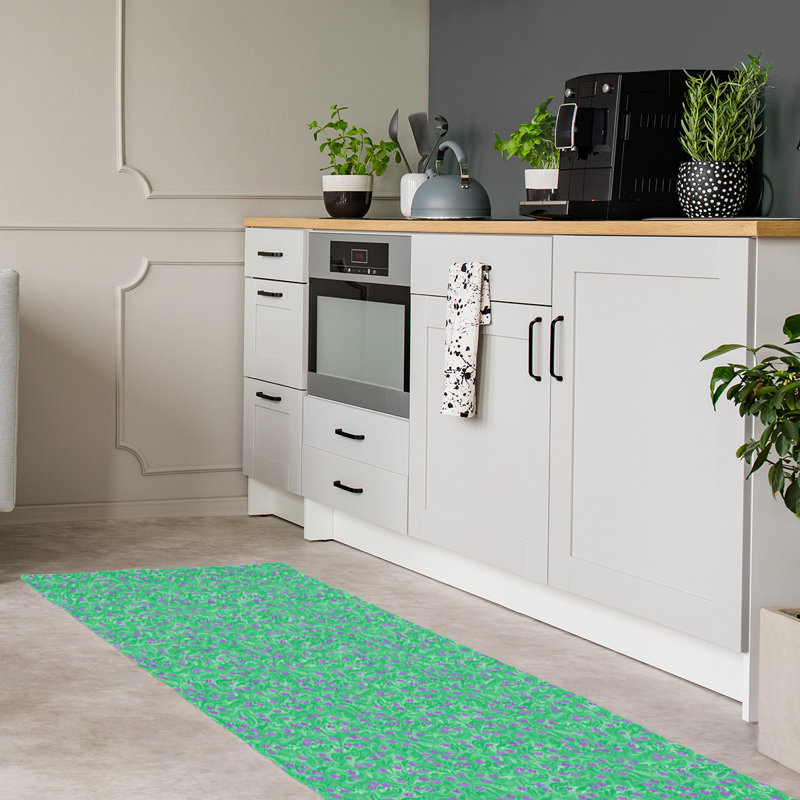 Tapis de fleurs vert pâle/mauve tourbillony, Tapis de couloir 2 pi 6 po x 8 pi