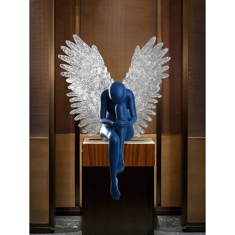 Luxury-Style Angel Sculpture Glass Fiber Reinforced Plastic Decorative Item, Blue/White