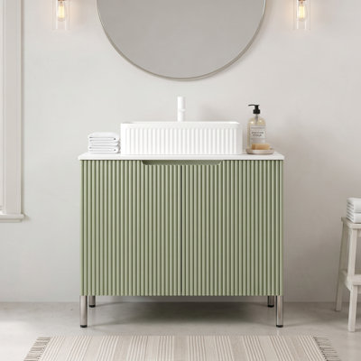 Meuble-lavabo autoportant moderne de 30 po en vert clair avec lavabo rectangulaire en céramique, comptoir en marbre artificiel blanc de Carrare, armoire de rangement avec 2 portes (sans robinet)