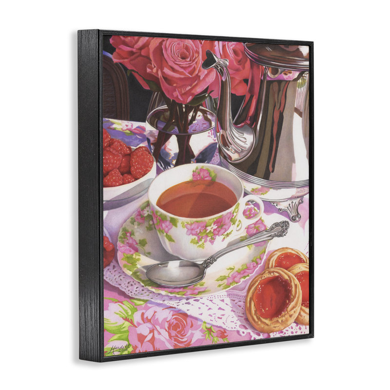 Thé et fraises par Mardell Schuster, H 30 po x l 24 po, Giclée encadrée noir minuit