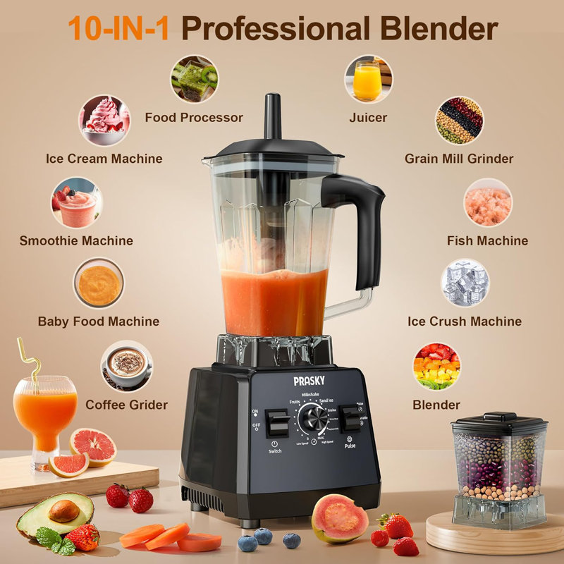Professional Blender, Smoothies Blenders, PRASKY Max.2400Watts/1000Watts Blender and Grinder Combo 25000RPM Powerful Kitchen 68oz BPA Free 2 Containers Countertop Blenders Ice Crushing, Juice