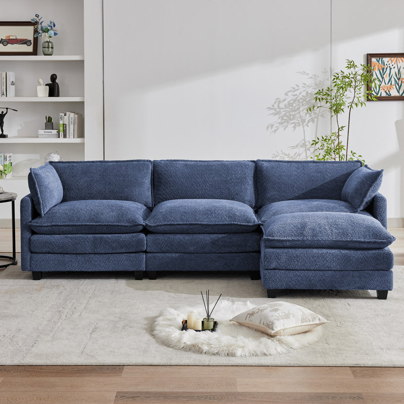 Redenius L-Shape Boucle Upholstered Sectional Sofa With Armrest, Navy Boucle