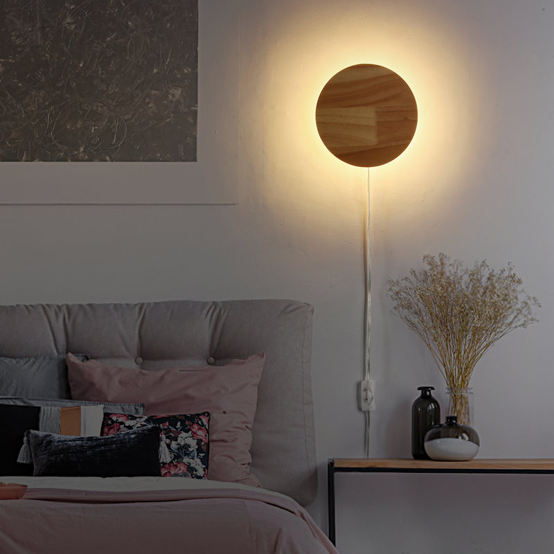 Modern Plug-in Or Cordless Wall Sconces, Round Wood Backlight Led Wall Lamp, 25w, 2500lm Warm White Brightness Wall Light Fixtures For Bedroom