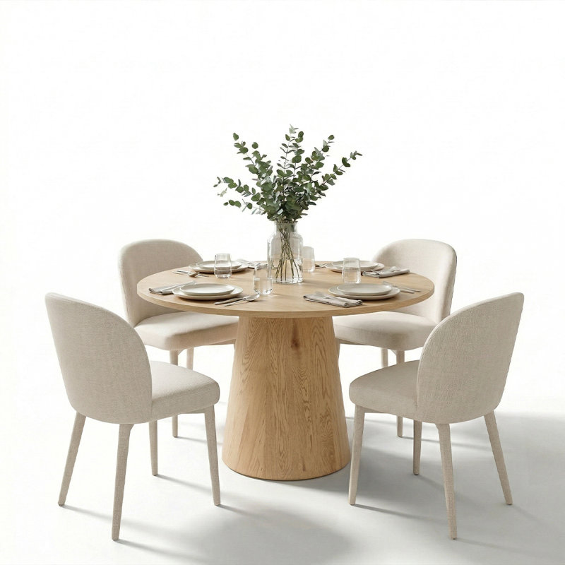 Modern Round Dining Table Set With Upholstered Dining Chairs, Wood-Look Pedestal Kitchen Table Set For 4, Beige