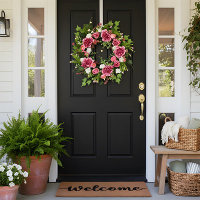 Couronne de porte d'entrée 17,7 pouces, couronne de pivoines artificielles