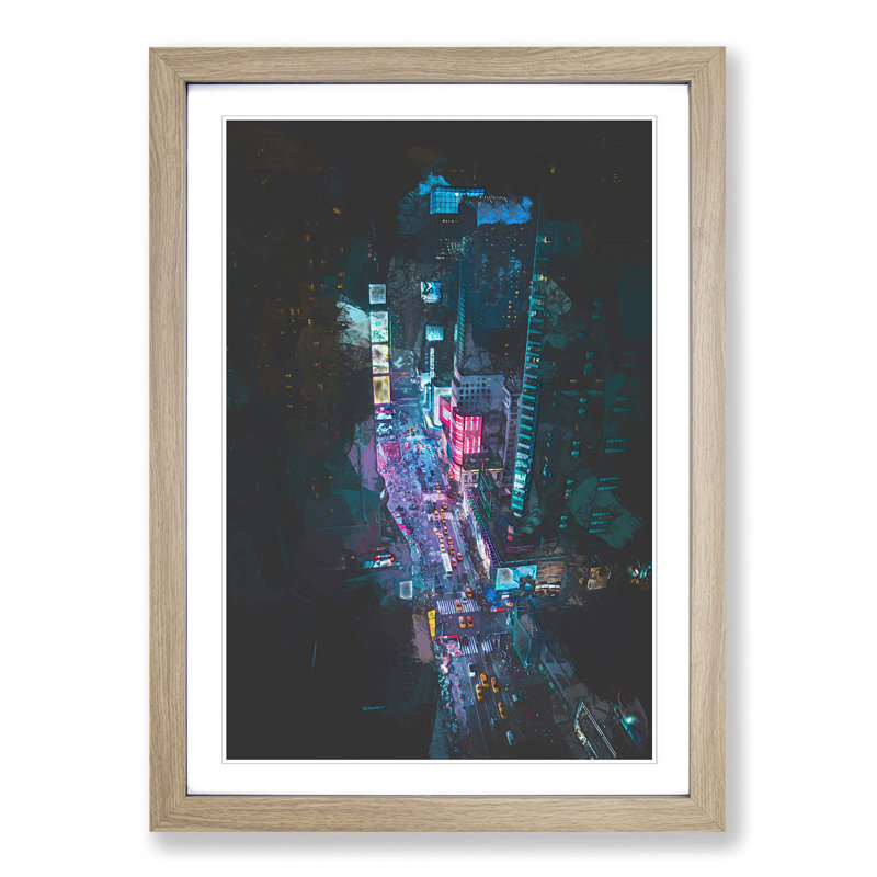 Looking at Times Square in New York in Abstract - Picture Frame Graphic Art Print on MDF, Oak, 76cm H x 50cm W x 2cm D