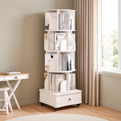 Rotating Bookshelf With Drawer, 360 Display 5 Tier Corner Bookshelf For Small Space, Floor Standing Bookcase Storage Rack, Wood Narrow Organizer For Bedroom
