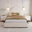 Structure de lit rembourrée Boucle avec tête de lit semi-circulaire, lit plateforme minimaliste moderne blanc, aucun sommier requis-1802708471