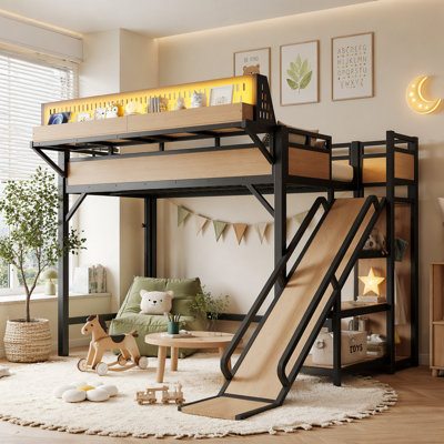 Ful Size Loft Bed with Slide, Storage Shelves and Built-in Wardrobe, Metal Loft Bed Frame with USB Ports and LED Lights, with Pegboard, Safety and Solid, Black