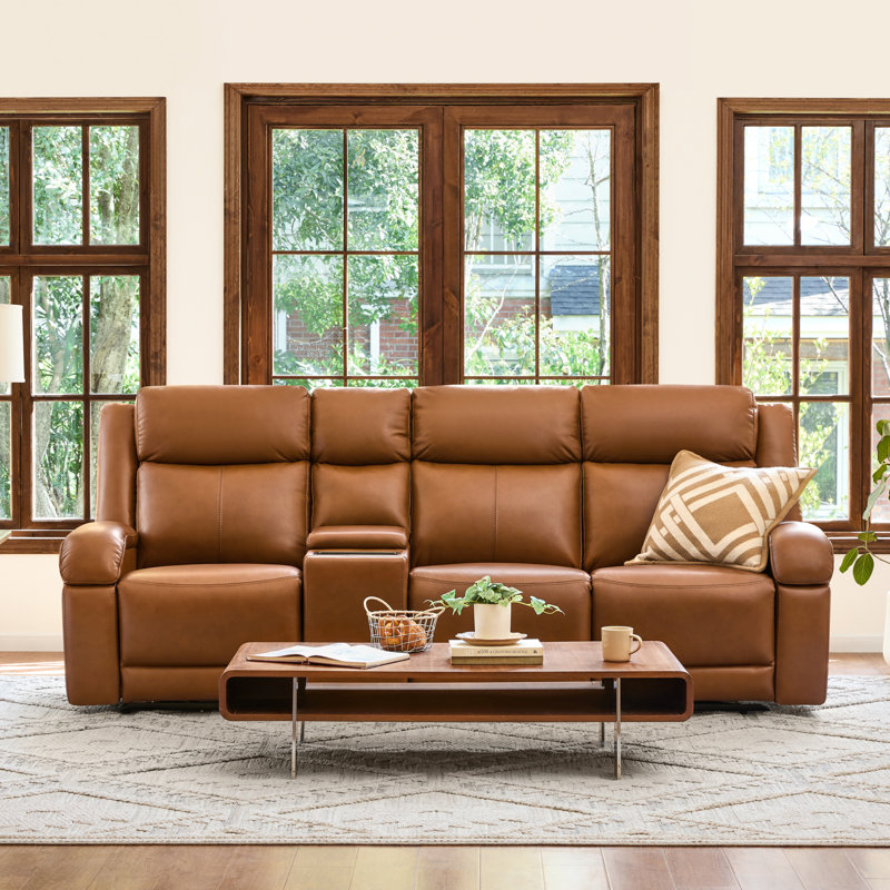 Canapé inclinable électrique en cuir véritable Zachery avec console multifonctionnelle, 3, Brun selle