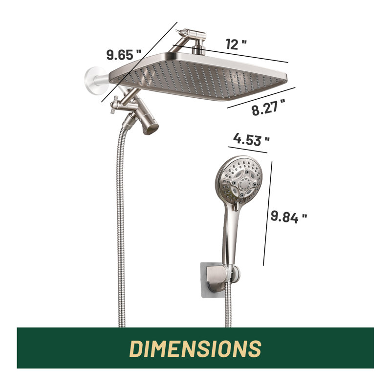 Adjustable 12" Rectangular High Pressure Dual Shower Head with 8-Spray Handheld Shower, Brushed Nickel