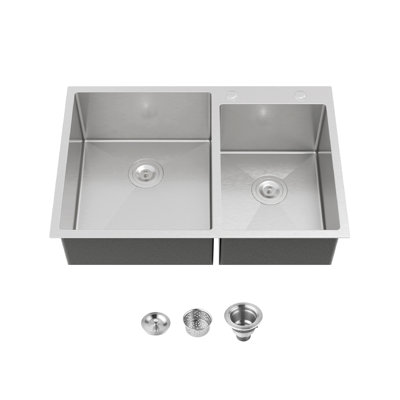 33" L Drop-In Double Bowl Stainless Steel Kitchen Sink with Basket Strainer