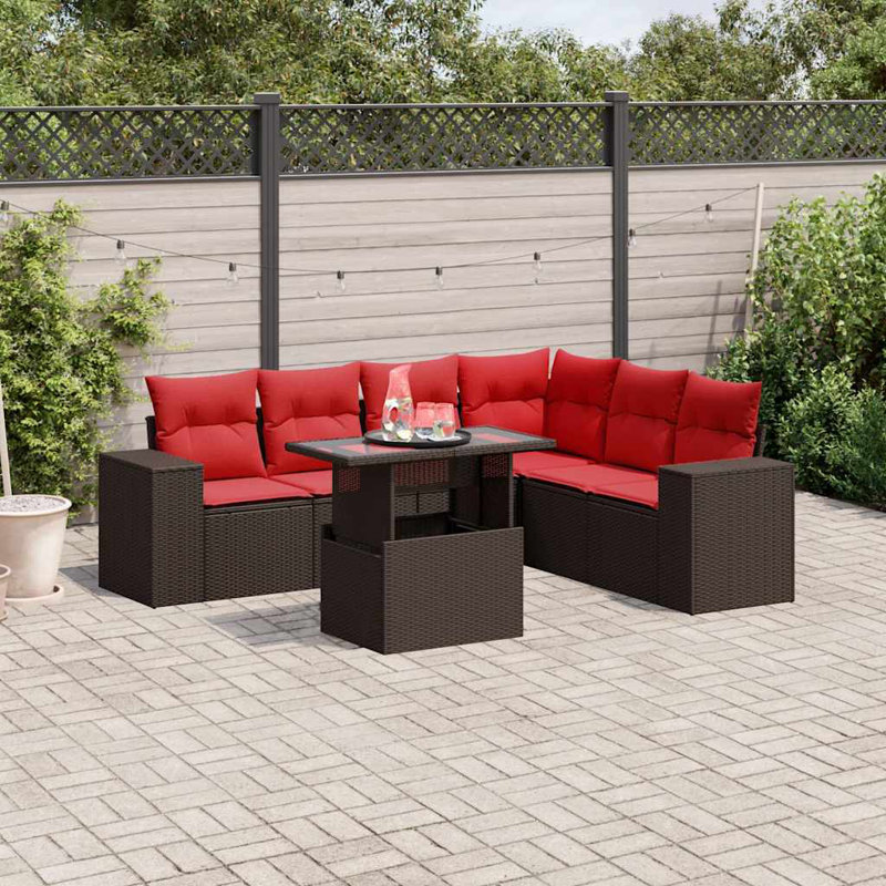 Ensemble de canapé de patio 7 pièces avec coussins en rotin de polyester, Rouge, Brun