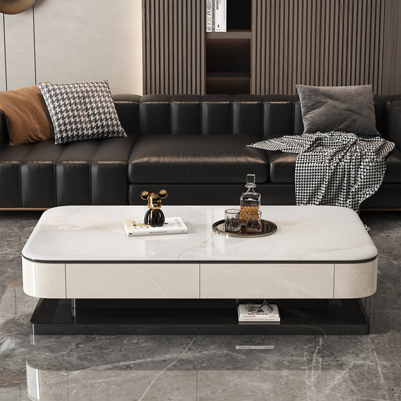 Table basse italienne en pierre micro-cristalline, 16.5" H x 51.2" W x 27.6" D, White / Black