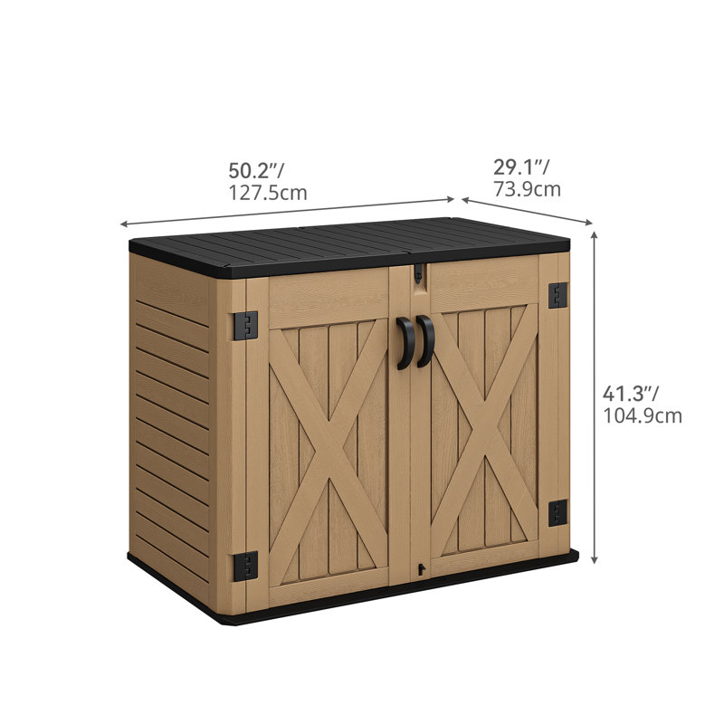35 Cu Ft Resin Horizontal Outdoor Storage Shed with X-Shaped Lockable Door, Weatherproof Tool Shed Without Shelf, Brown/Black