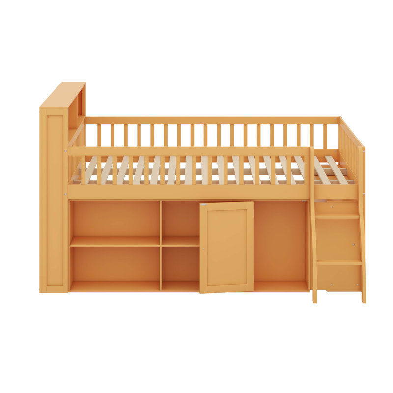 Lit mezzanine bas avec tablettes de rangement et tête de lit avec éclairage, Grand, Naturel