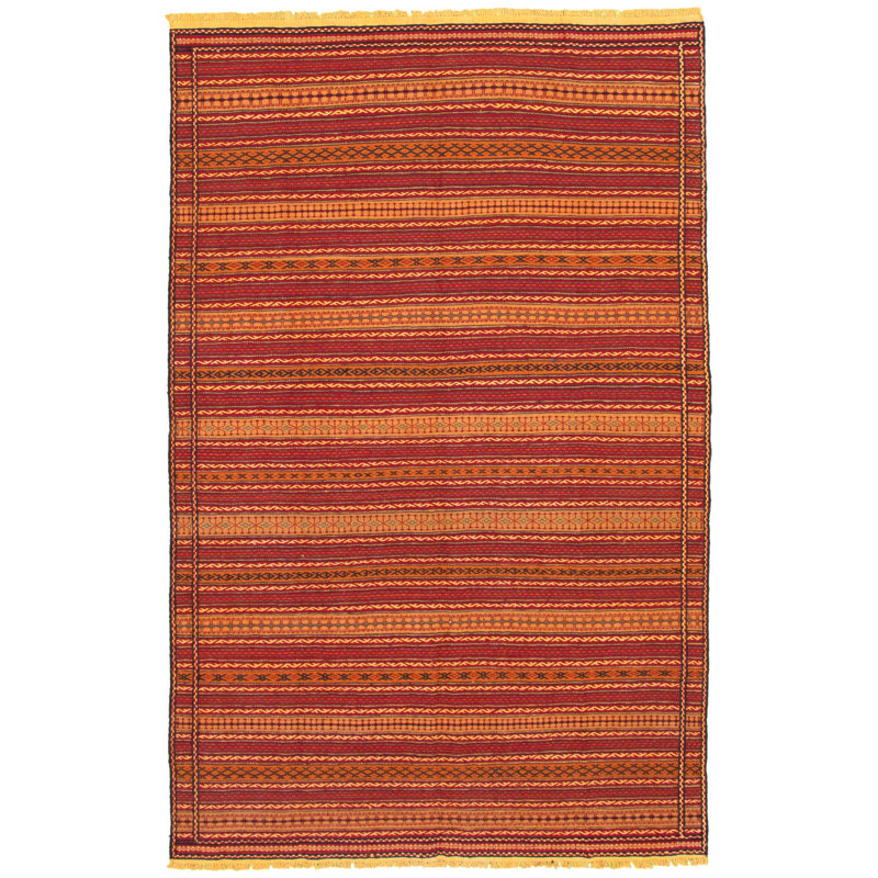 Tapis rouge / jaune en laine tissé à la main et à plat