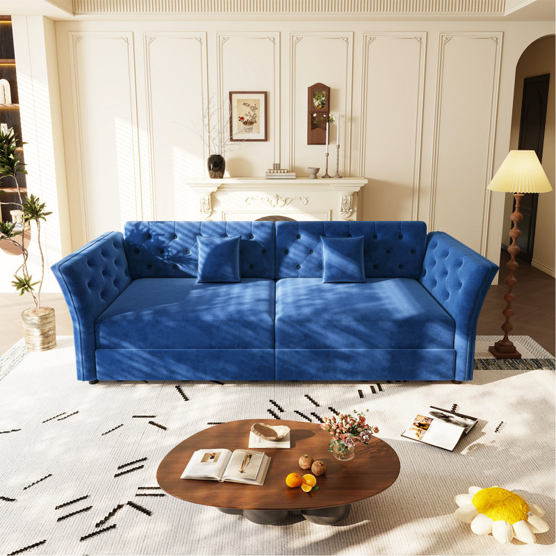 Canapé-lit escamotable surdimensionné de 100 po, canapé-lit convertible avec motif capitonné en tissu fait à la main, causeuse en velours multifonctionnel pour le salon, la chambre à coucher, un appartement, bleu