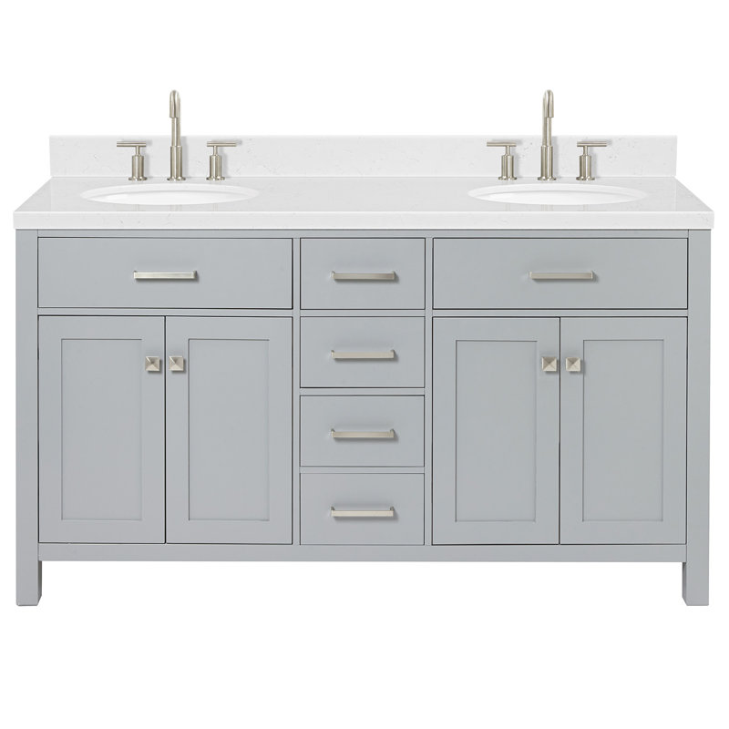 2_ARIEL Bristol 72 Double Sink Bathroom Vanity with Carrara White Quartz, Oval, Gray, 60"
