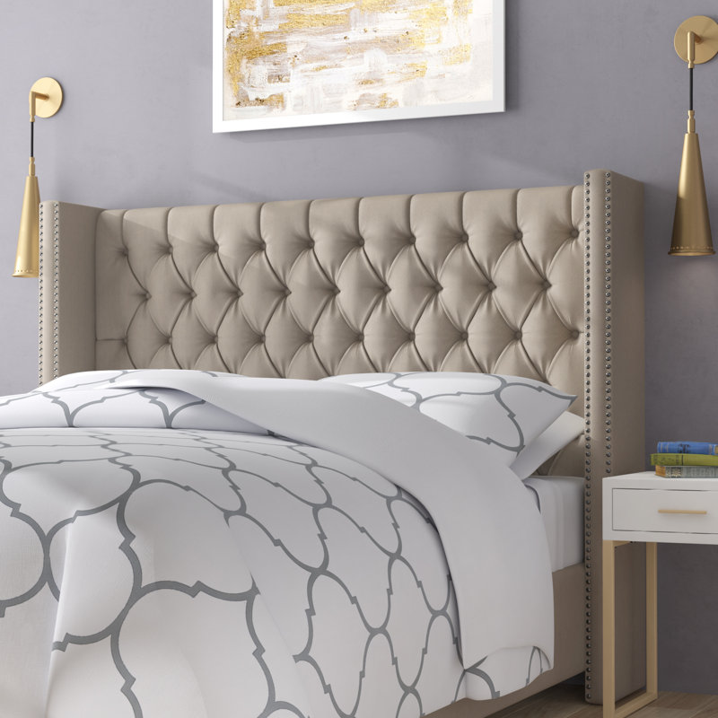 Ashton Tufted Upholstered Low Profile Platform Bed, Full/Double, Beige Linen Textured Fabric