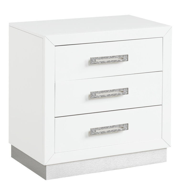 Table de chevet moderne avec 3 tiroirs en blanc et détails en cristal 3 blancs laiteux, créant un espace serein