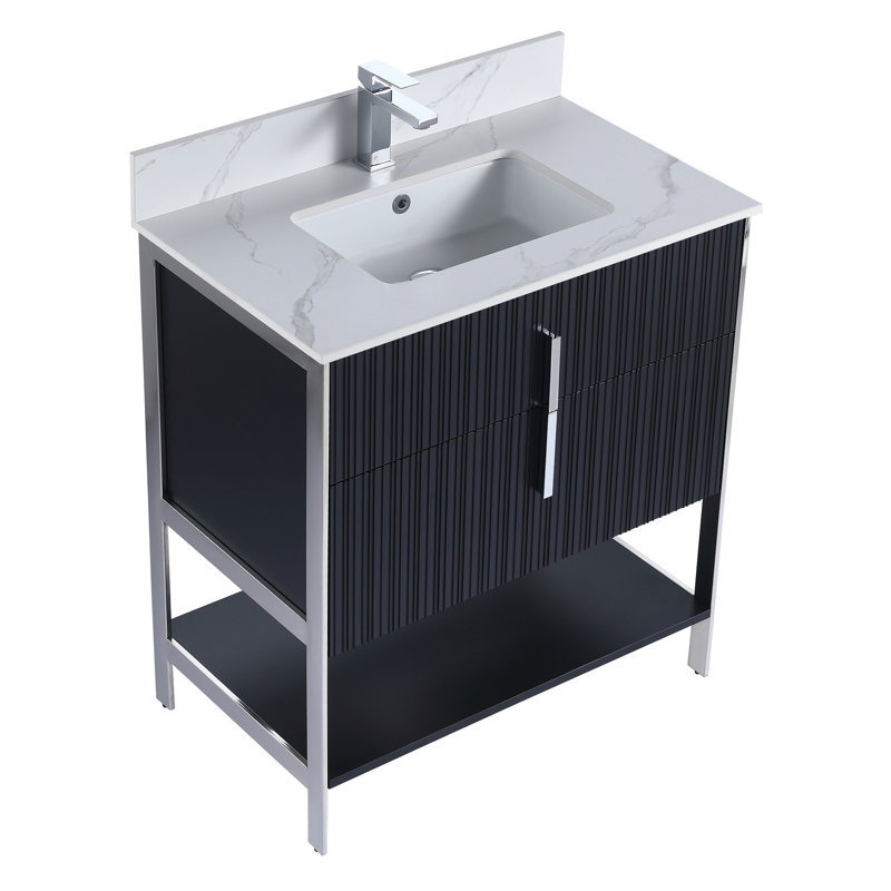 Meuble-lavabo moderne avec plateau en pierre Serenity, Noir mat / chrome, 30", Marbre de Carrare blanc