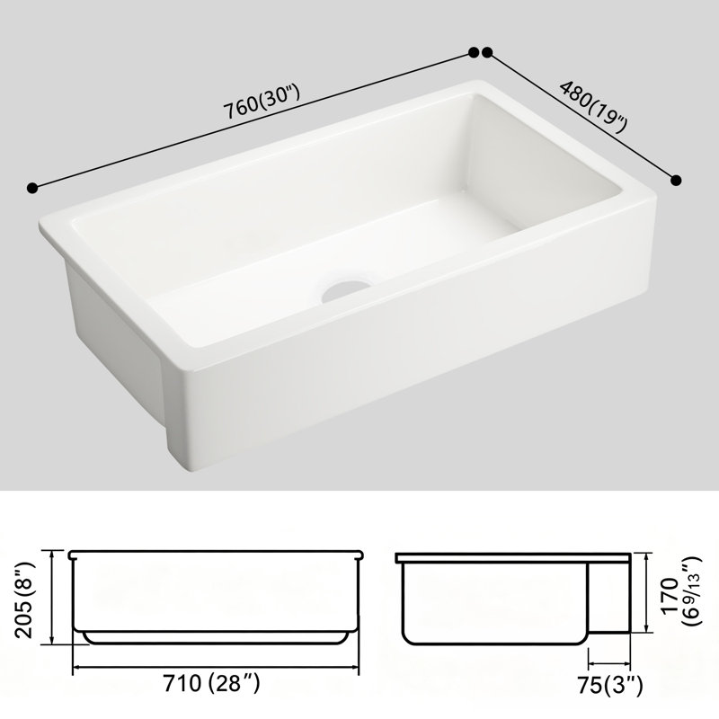 Single Bowl Fireclay Kitchen Sink, 8" H x 30" L x 19" W