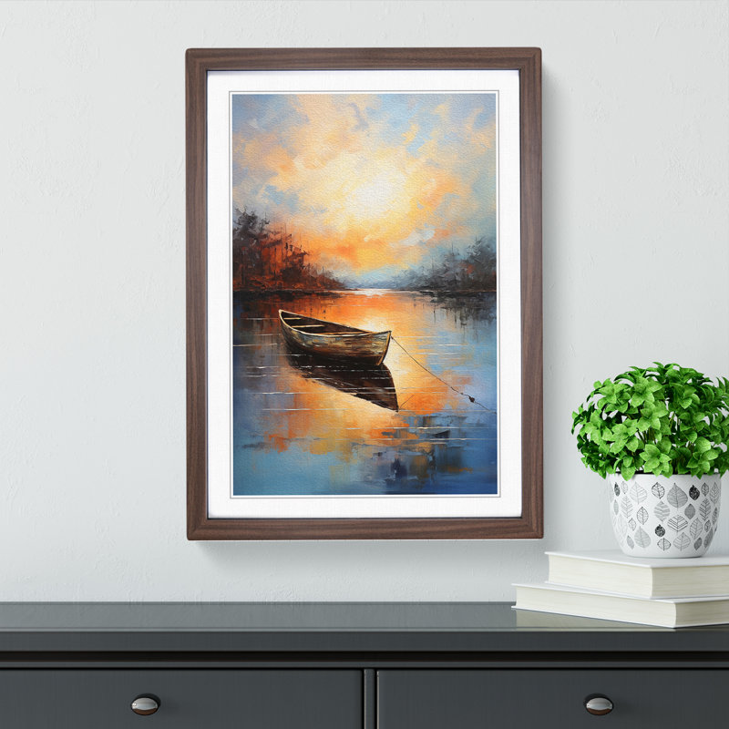 Boat On A Lake Action Painting No.2 - Single Picture Frame Print on Wood, 34cm H x 25cm W x 2cm D, Walnut Framed
