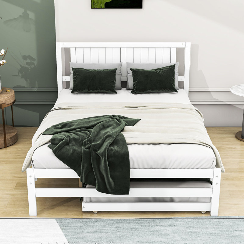 Karidee Full Size Wooden Platform Bed with Adjustable Trundle, White