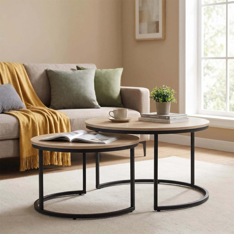 Ensemble de 2 tables gigognes rondes de 31,5 pouces, style industriel moderne, conception peu encombrante, finition bois, utilisation multifonctionnelle