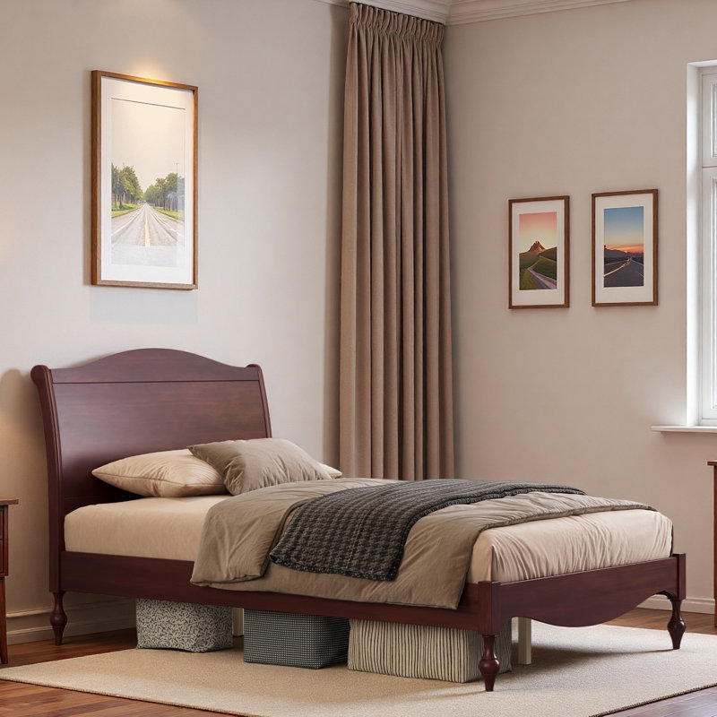 Lit plateforme avec tête de lit arquée Vintage, Double, Noyer foncé