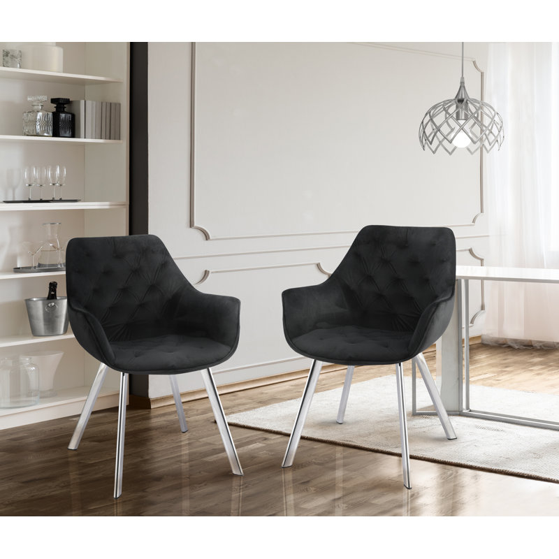 Chaise de salle à manger avec accoudoirs en velours capitonné Chimeng, Vert, Chrome