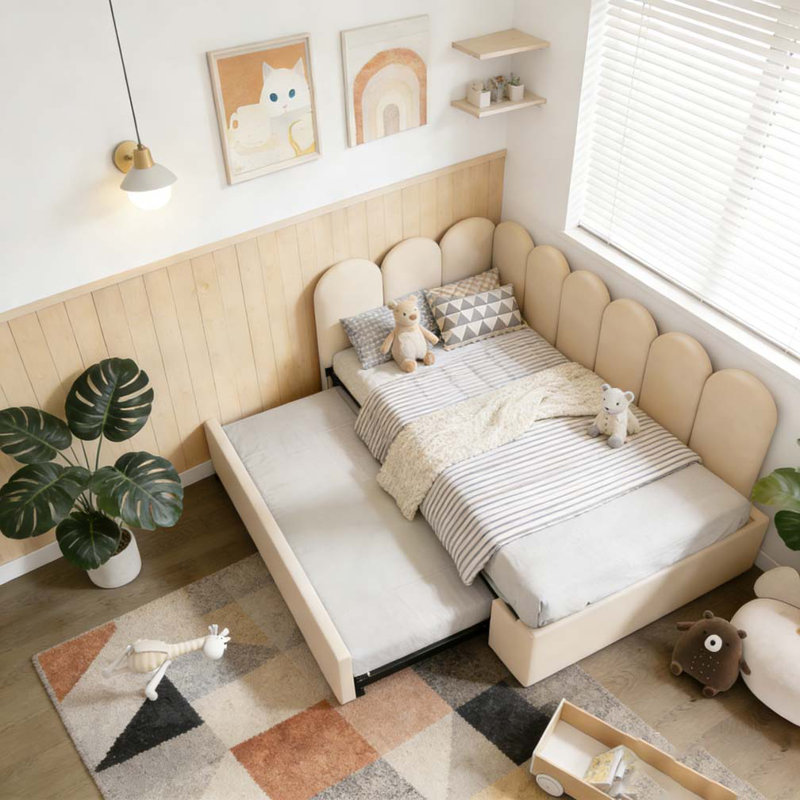 Upholstered Bed Daybed With Pull-Out Bed, Beige