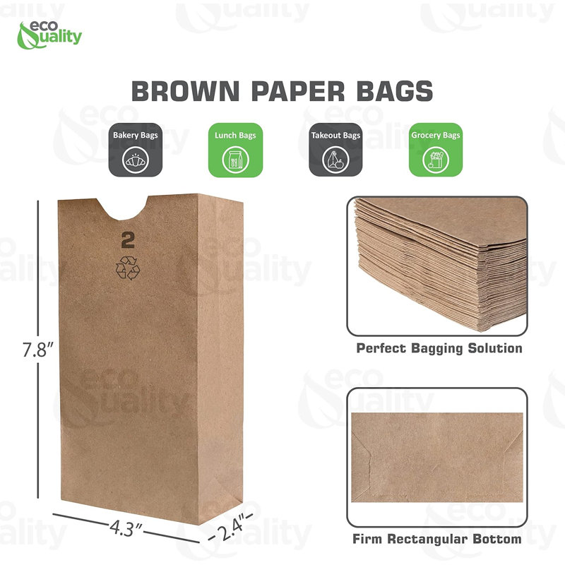 Sacs en papier kraft brun Ecoqualité de 2 lb, capacité de 2 lb, pour les collations, les repas et la marchandise (500)