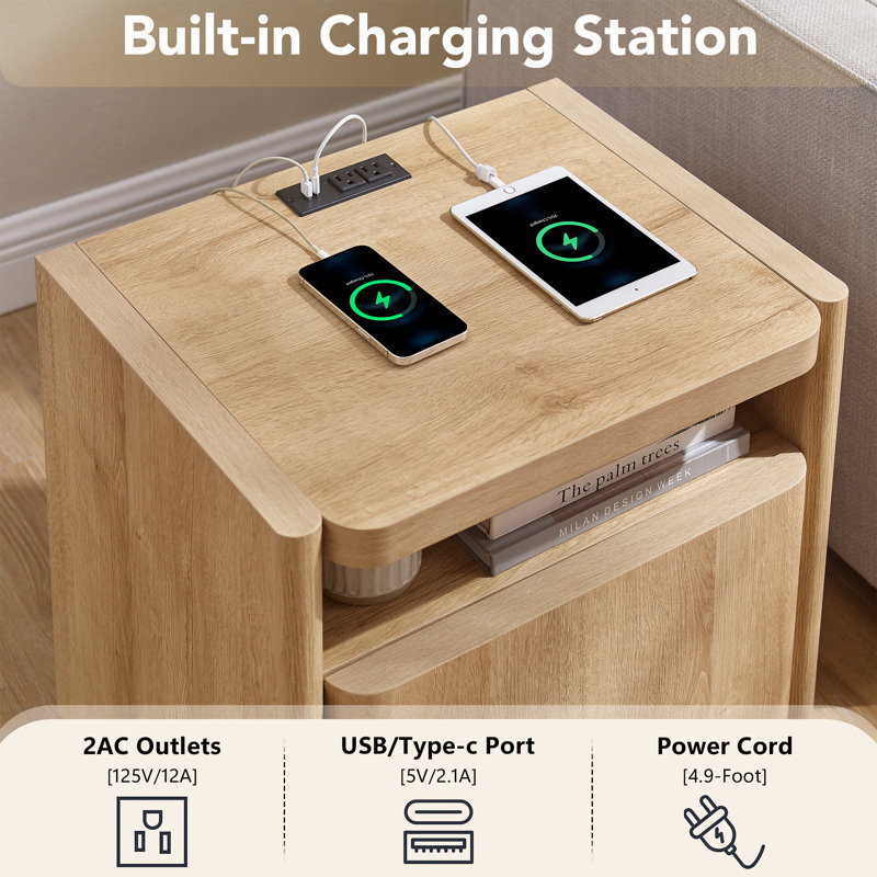 23'' Nightstand with Charging Station, Bedside Table with Storage and Open Shelves, Natural Oak