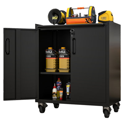 Armoire de rangement en métal robuste avec roulettes de mobilité - pour le garage, le bureau et la maison. Tablettes réglables, maniabilité verrouillable, plateau surélevé, armoire. Acier noir. L 28,68 po