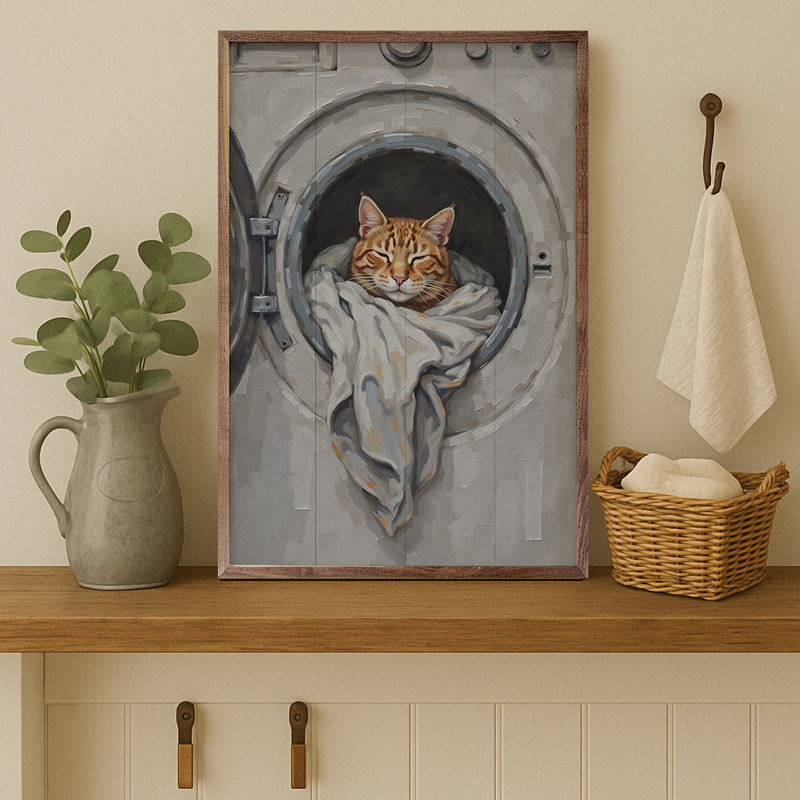 Chat orange dans la machine à laver, H 16 po x l 10 po