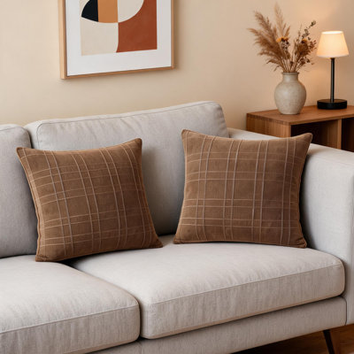 18X18 Inch Set Of 2 Brown Linen Plaid Pillow Covers Rustic Bohemian Decor For Winter Sofa Bedroom