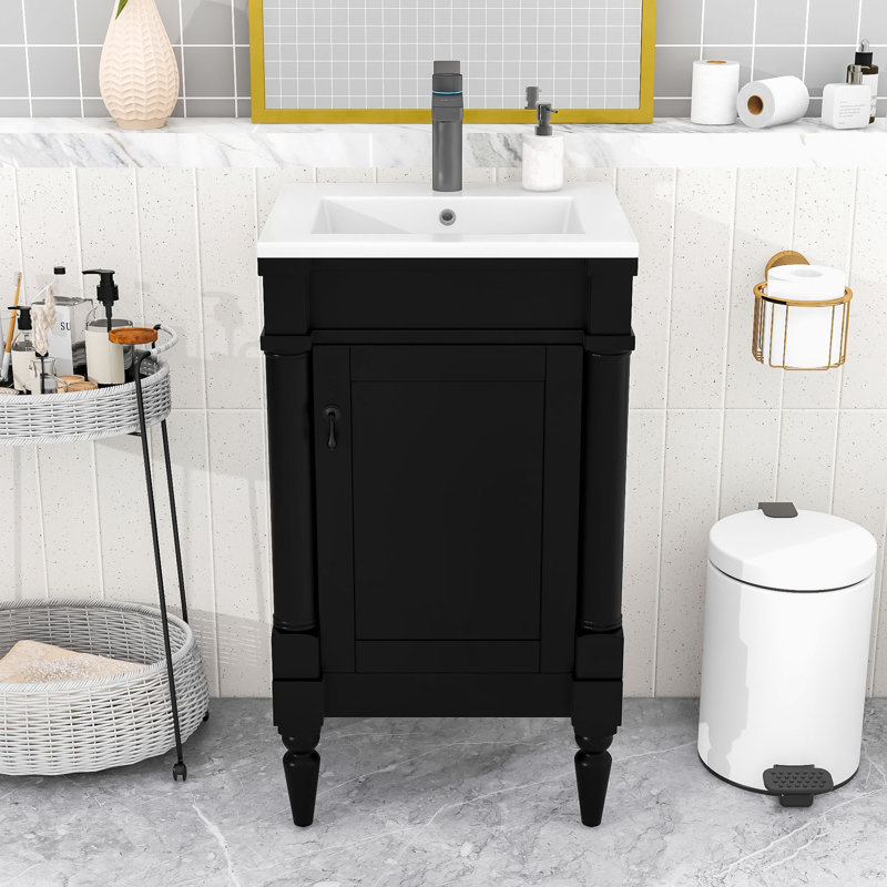 Meuble-lavabo autoportant avec lavabo en céramique et rangement spacieux rétro, Noir