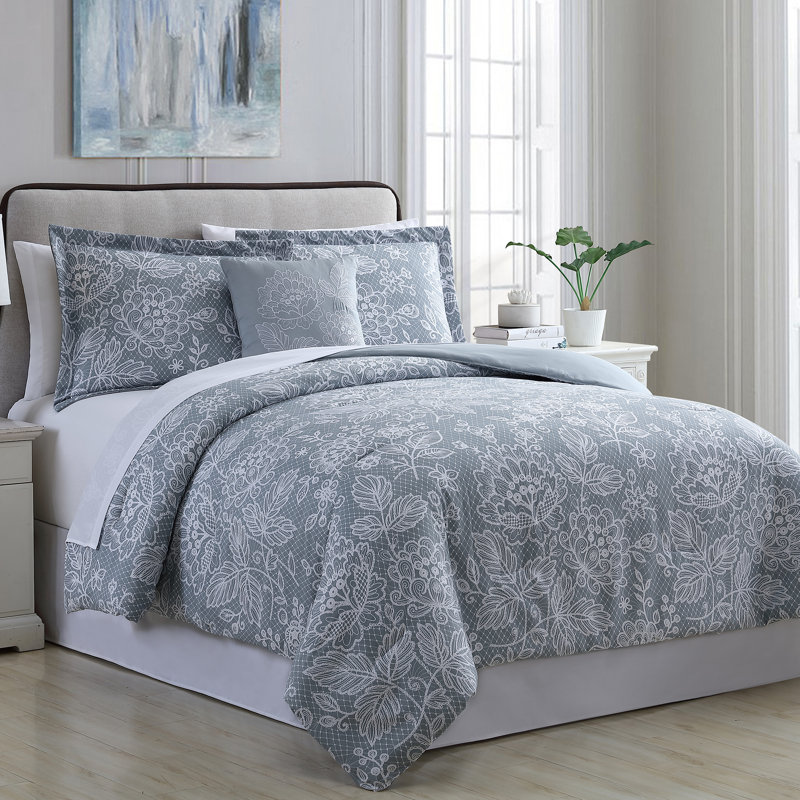 Gray Floral Twin Microfiber Reversible Bed in a Bag Set