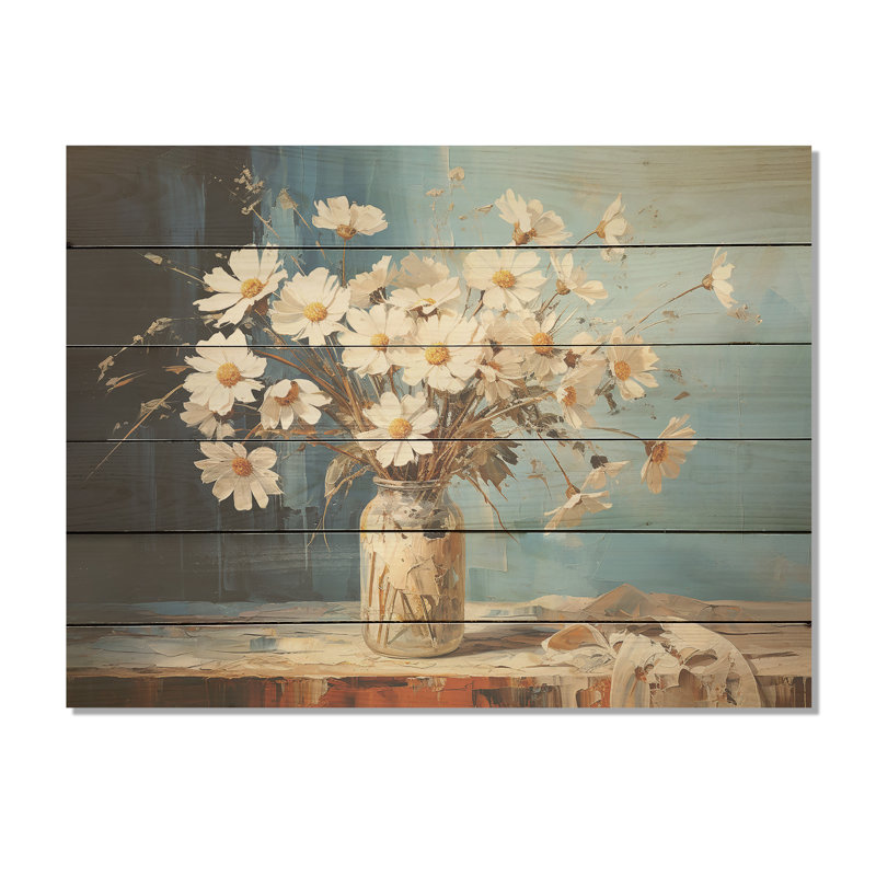 «White Daisy Efflorescence» Bouquet Serenity I - marguerites, art mural sur bois de pin naturel, H 30 po x l 40 po