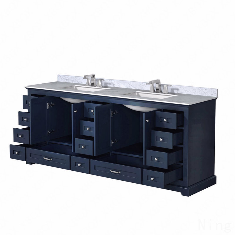Ensemble de meuble-lavabo double 84 po x P 22 po avec plateau en marbre de Carrare et robinet, Bleu