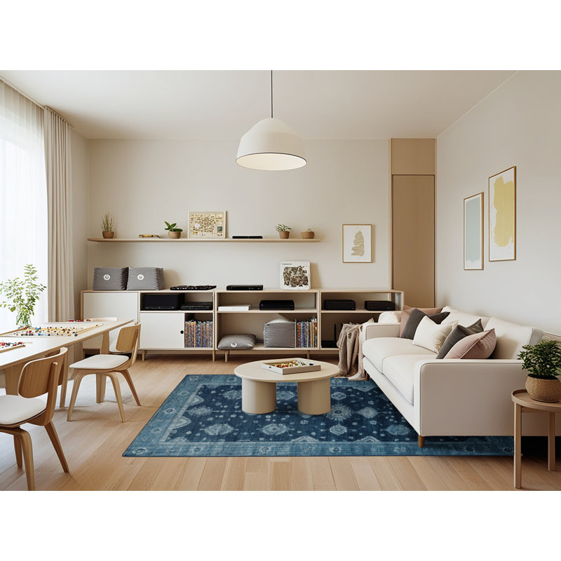 Machine Washable Overdyed Blue Area Rug, Rectangle 7' x 9'